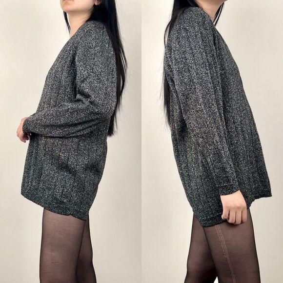 Vintage Grey Sparkly Wool Blend V Neck Long Sweater - Picture 3 of 8